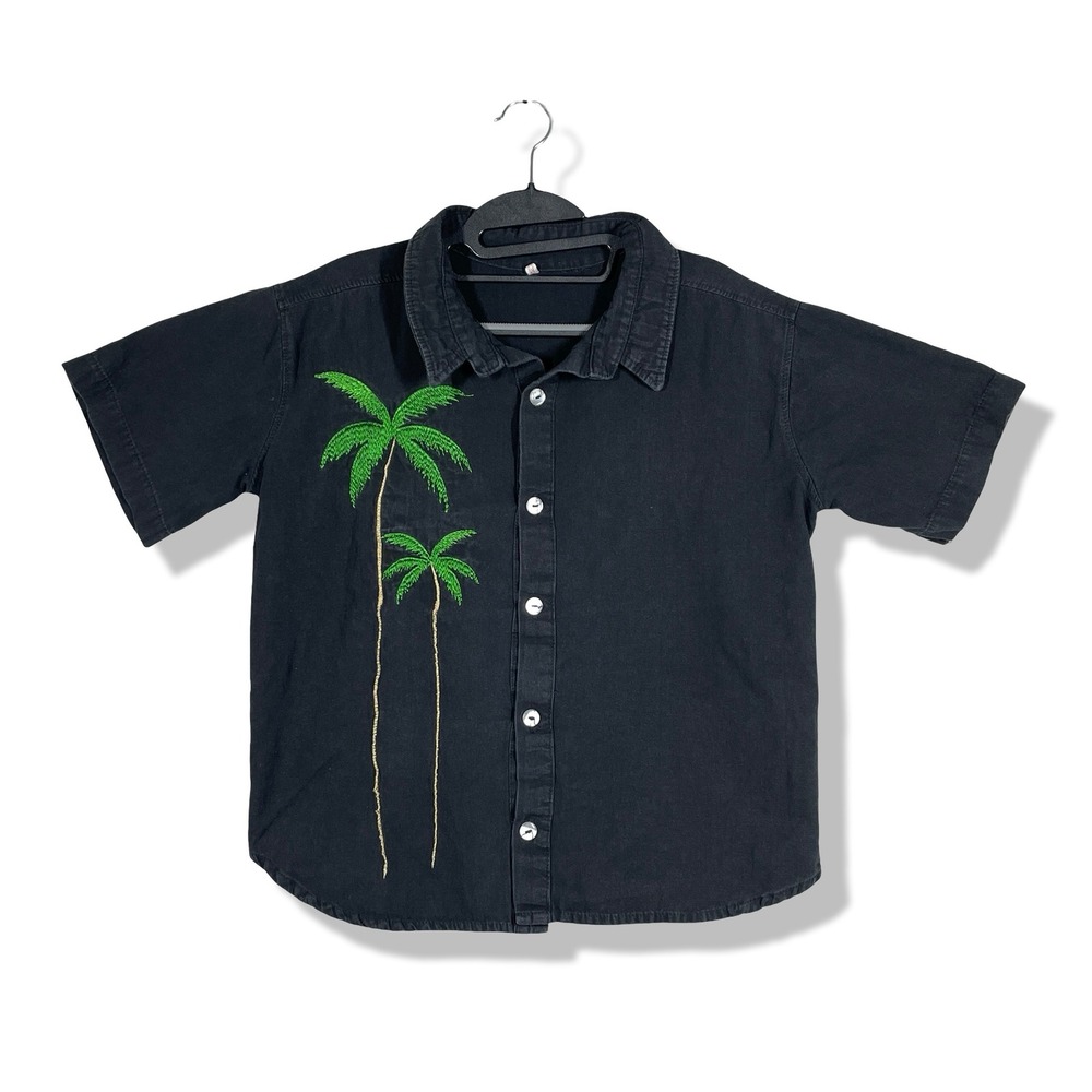Vintage Palm Tree Parrot Embroidered Shirt Mens Medium Black Tropical Beach‎